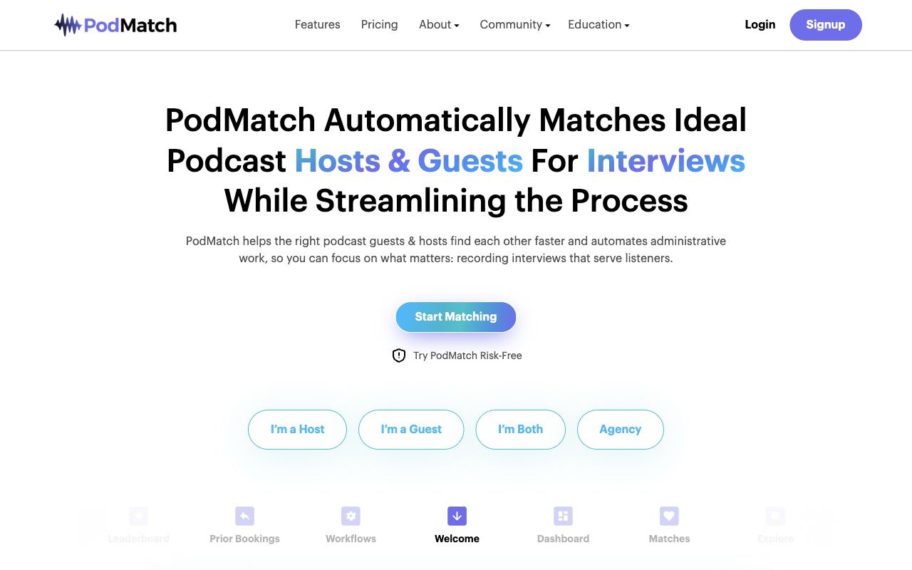 The PodMatch homepage, matching podcast hosts and guests for interviews.