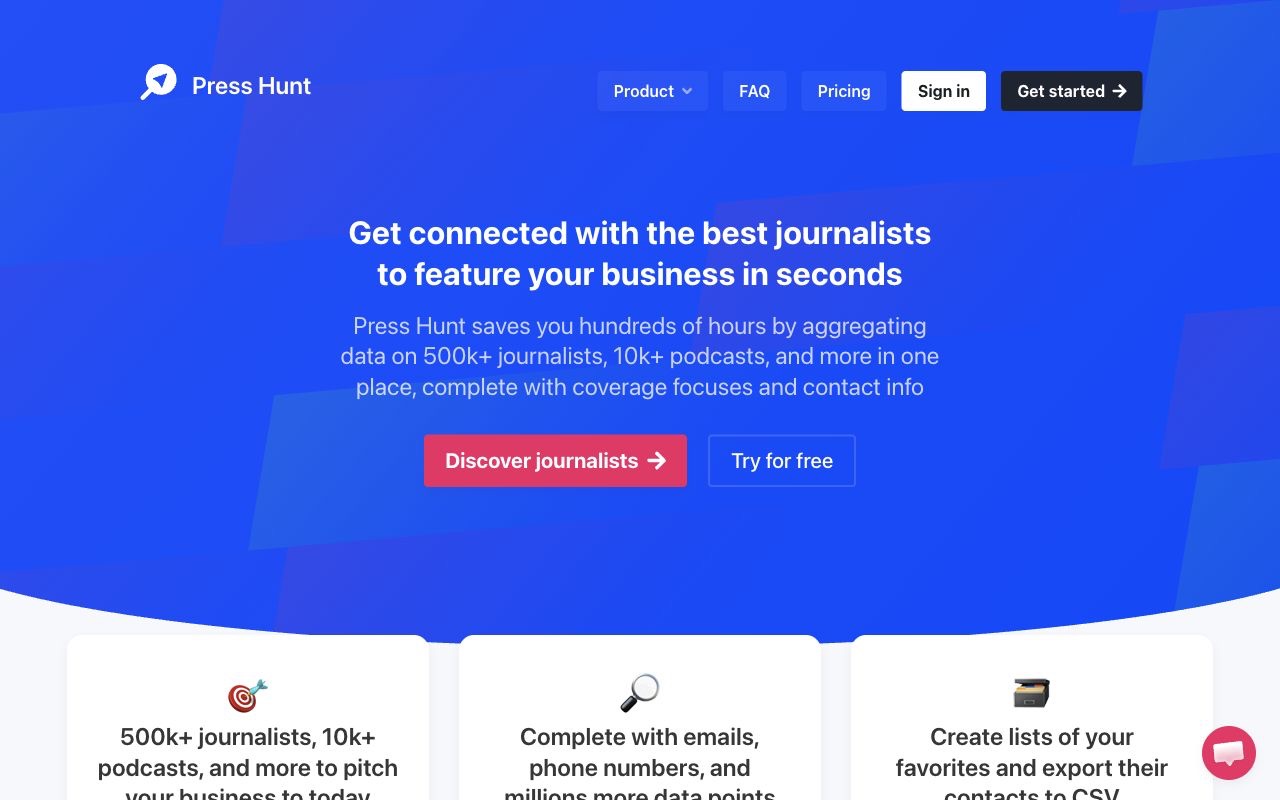 Press Hunt, a journalist and podcast contact database.