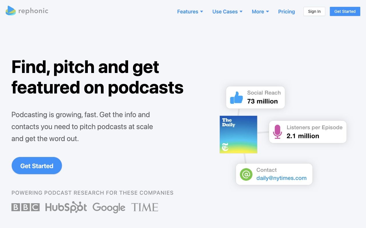 The Rephonic podcast database, showing a show's audience reach and host contact details.